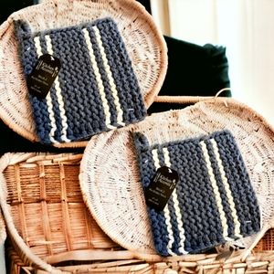 100% cotton think navy striped kitchen Bohemian kitchen trivots set of 4 nwt